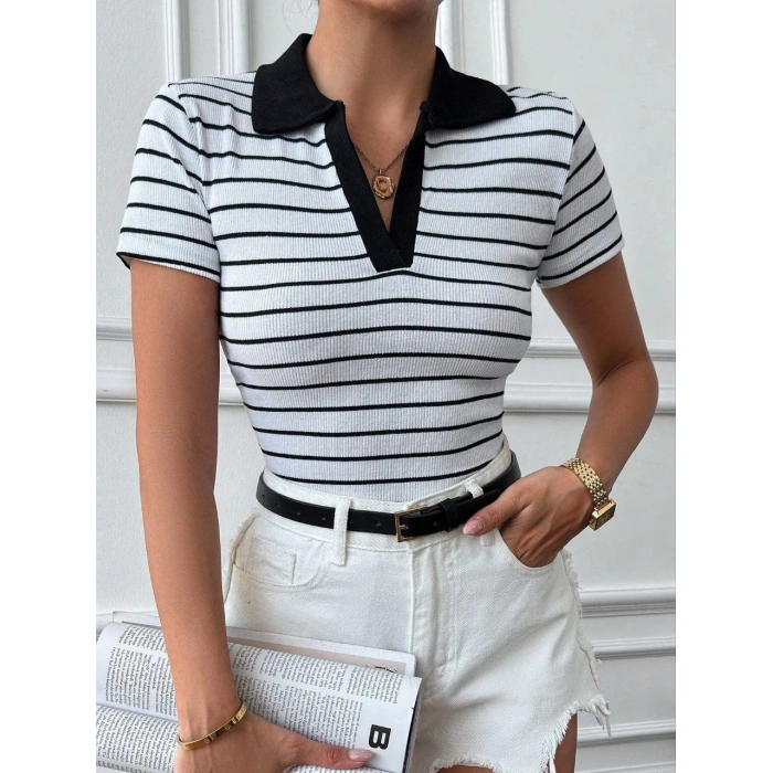 Polo yaka garnili bluz Beyazsiyah