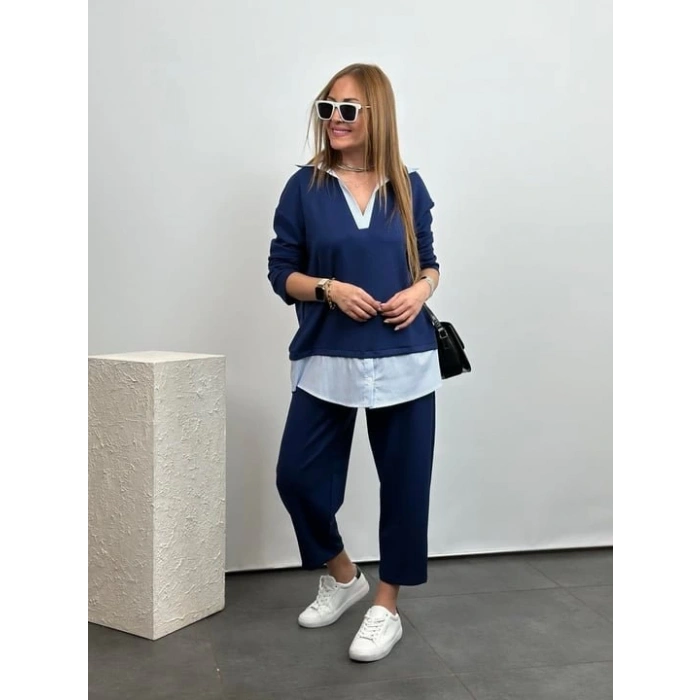 Polo Yaka Gömlekl Detay Salaş Balon Pantolunlu ıkılı Takım