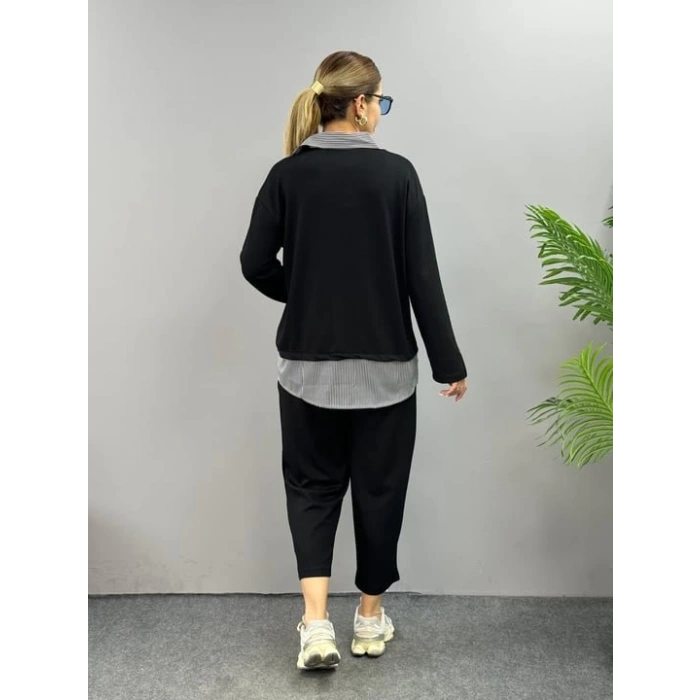 Polo Yaka Gömlek Detay Salaş Balon Pantolunlu ıkılı Takım