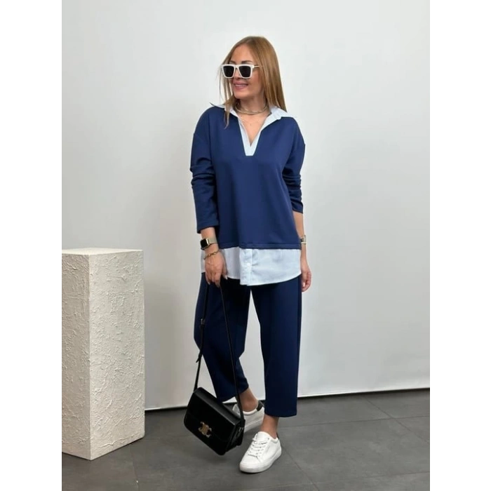 Polo Yaka Gömlekl Detay Salaş Balon Pantolunlu ıkılı Takım