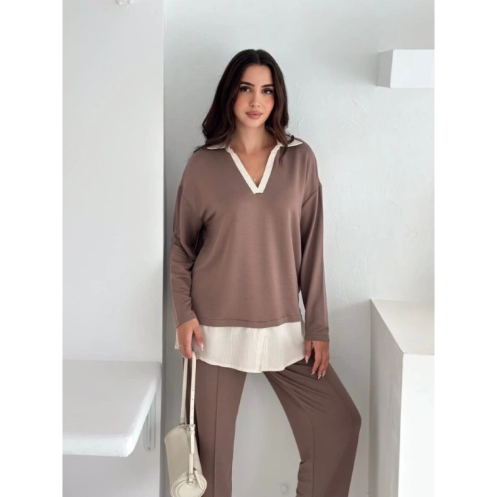 Polo Yaka Gömlek Detay Salaş Balon Pantolunlu ıkılı Takım