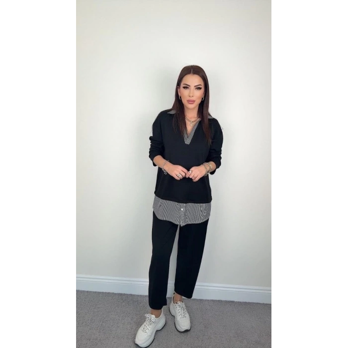 Polo Yaka Gömlek Detay Salaş Balon Pantolunlu ıkılı Takım