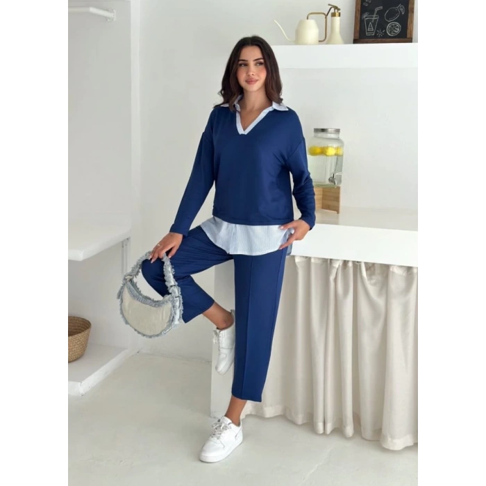 Polo Yaka Gömlekl Detay Salaş Balon Pantolunlu ıkılı Takım