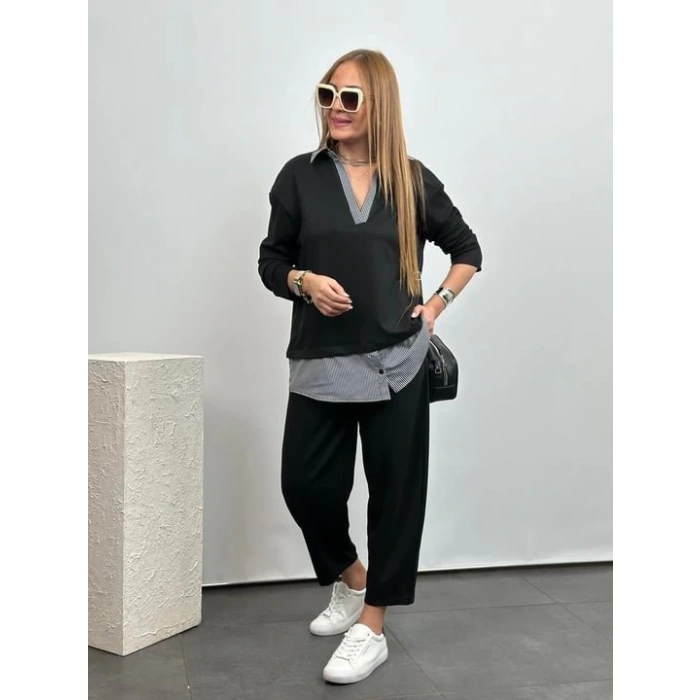 Polo Yaka Gömlek Detay Salaş Balon Pantolunlu ıkılı Takım