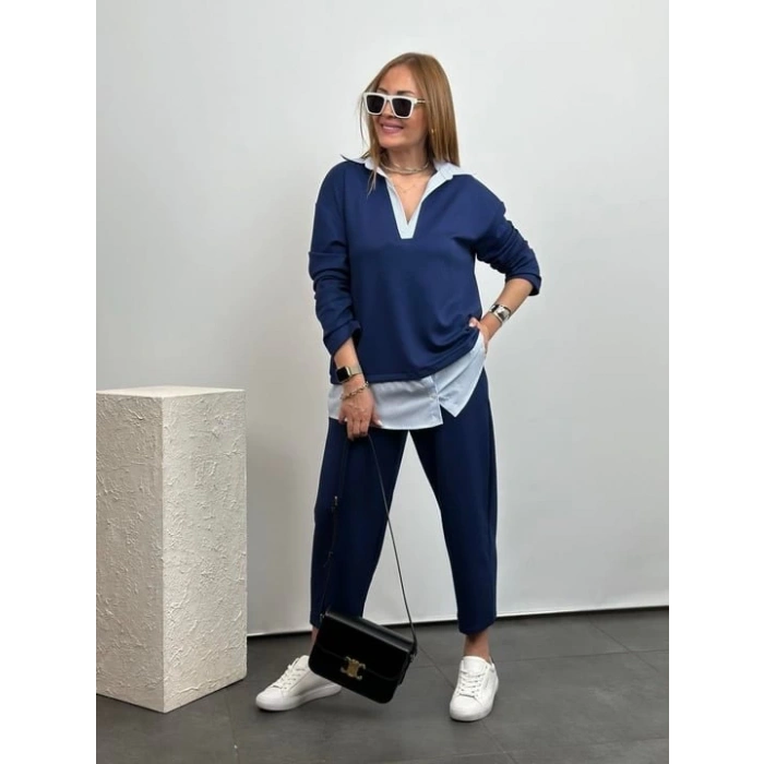 Polo Yaka Gömlekl Detay Salaş Balon Pantolunlu ıkılı Takım