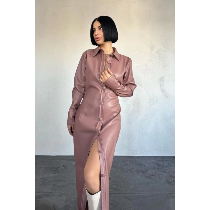 Pudra Boydan Düğmeli Deri Elbise