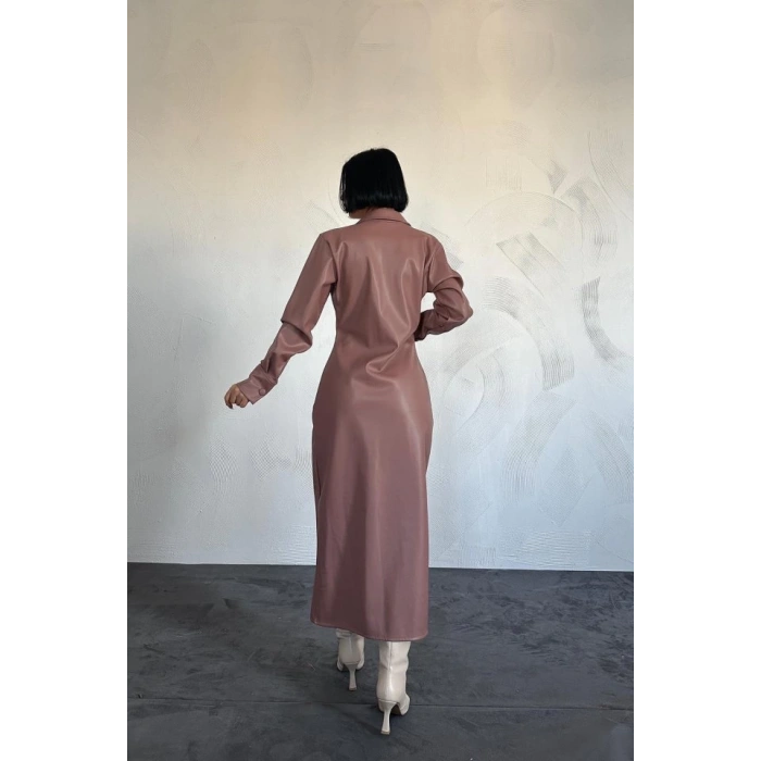 Pudra Boydan Düğmeli Deri Elbise