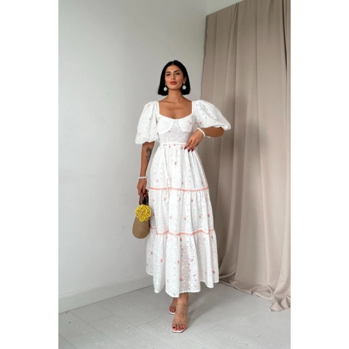 Pudra Dantel Detaylı Brode Elbise