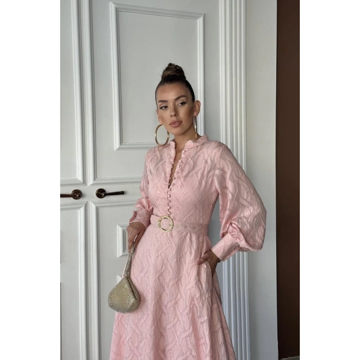 Pudra Kemer Detaylı Uzun Elbise