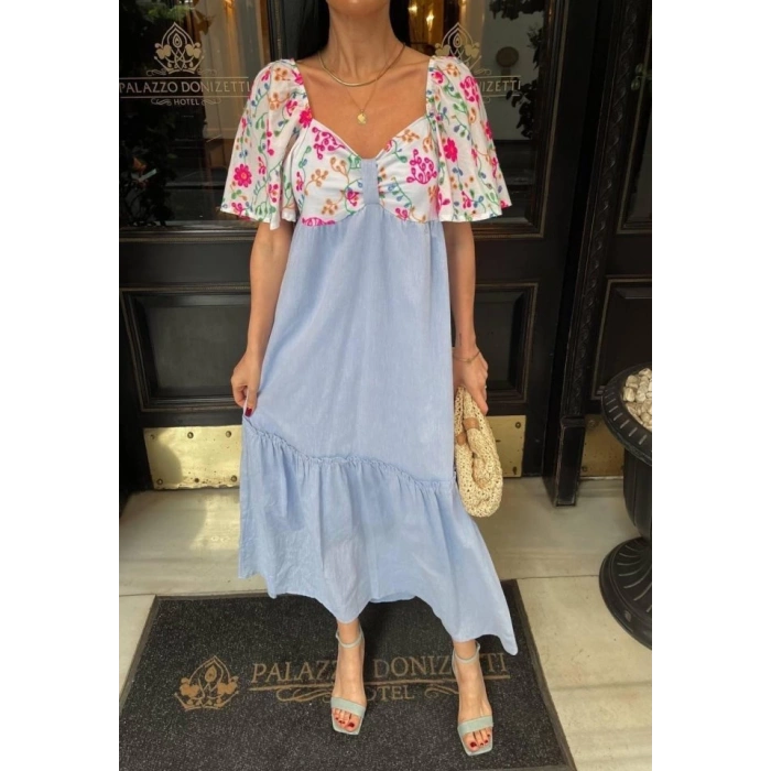 RENKLİ NAKIŞ DESENLİ ELBİSE - Mavi