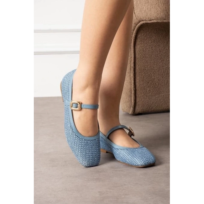 Rives Mavi Cilt Hasır Dokumalı Babet Ayakkabı