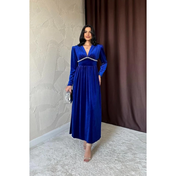 Saks Göğüs Altı Taşlı Elbise