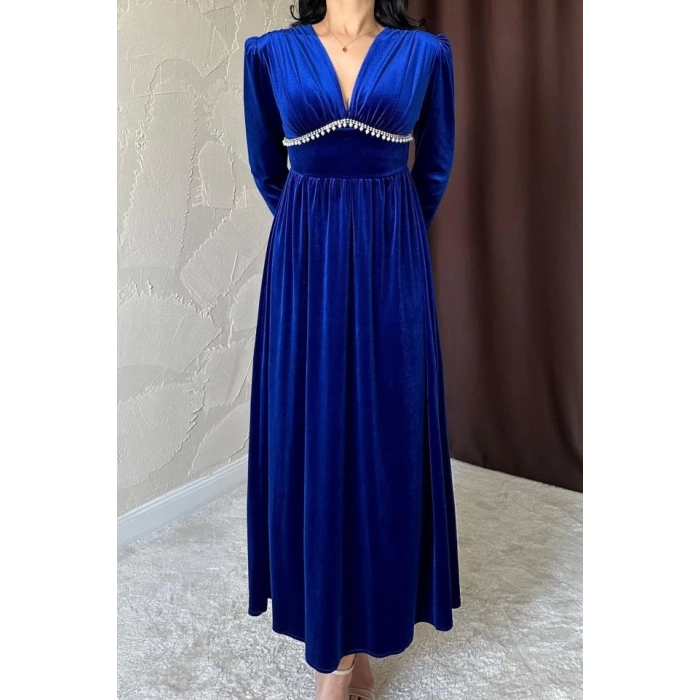 Saks Göğüs Altı Taşlı Elbise