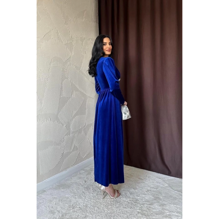 Saks Göğüs Altı Taşlı Elbise