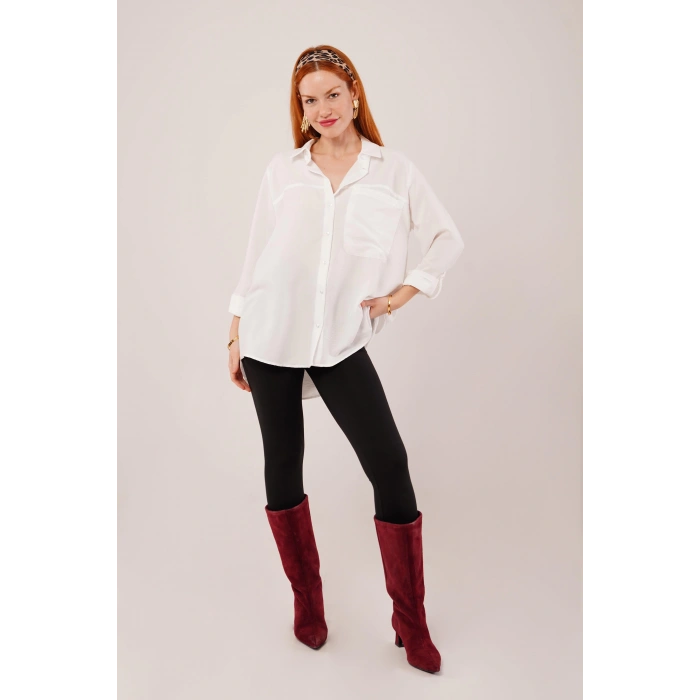 Salaş Kesim Cepli Beyaz Gömlek