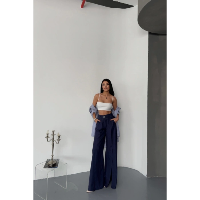 SALAŞ ÖNDEN YIRTMAÇ DETAYLI BEL KEMERLİ PANTOLON - Lacivert