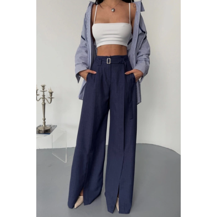 SALAŞ ÖNDEN YIRTMAÇ DETAYLI BEL KEMERLİ PANTOLON - Lacivert