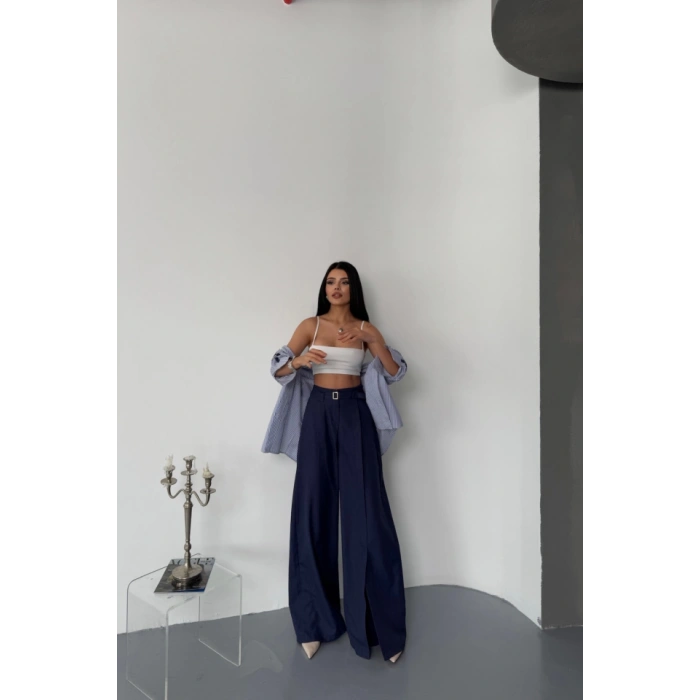 SALAŞ ÖNDEN YIRTMAÇ DETAYLI BEL KEMERLİ PANTOLON - Lacivert