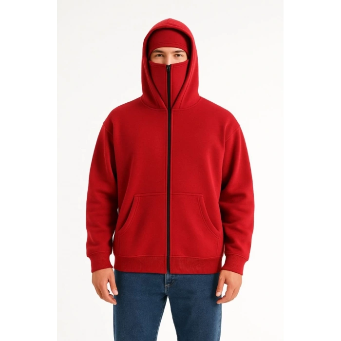 Samuray Ninja Çift Kapşonlu ZIP Fermuarlı Kanguru Çepli Tam Fermuarlı Hoodie Swetshirt - Kırmızı