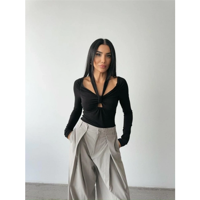 SANDY BODYSUİT ÖNDEN BAĞLAMA DETAYLI - Siyah