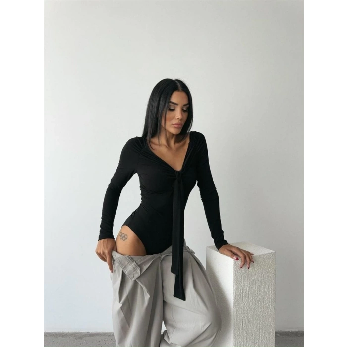 SANDY BODYSUİT ÖNDEN BAĞLAMA DETAYLI - Siyah