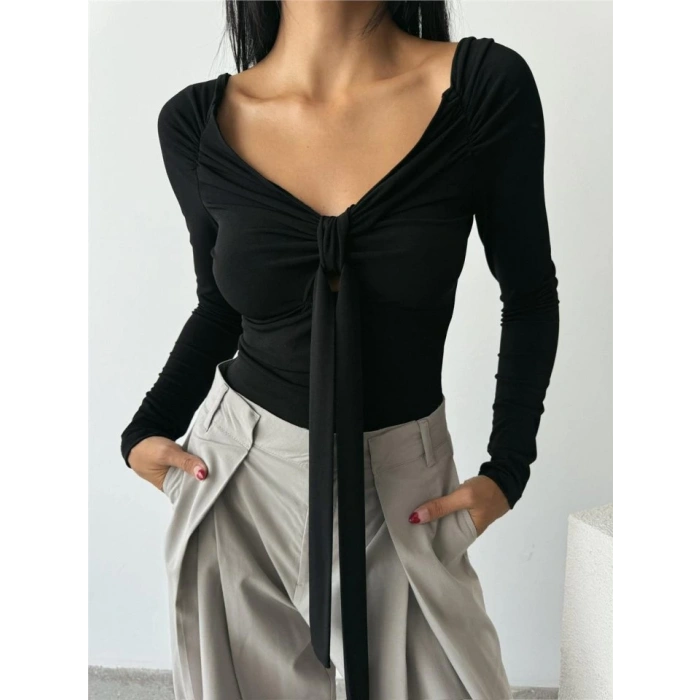 SANDY BODYSUİT ÖNDEN BAĞLAMA DETAYLI - Siyah