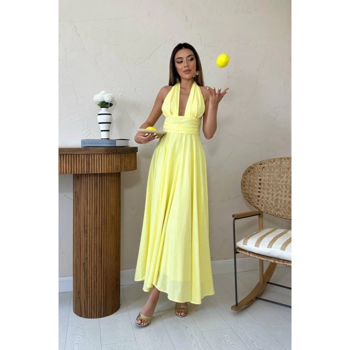 Sarı Askılı Keten Elbise