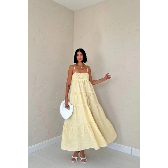 Sarı Askılı Parçalı Çizgili Müslin Elbise