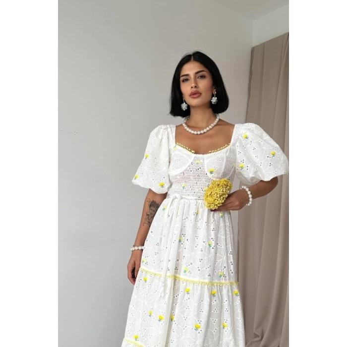 Sarı Dantel Detaylı Brode Elbise