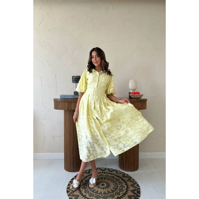 Sarı Kemerli Balon Kollu Elbise