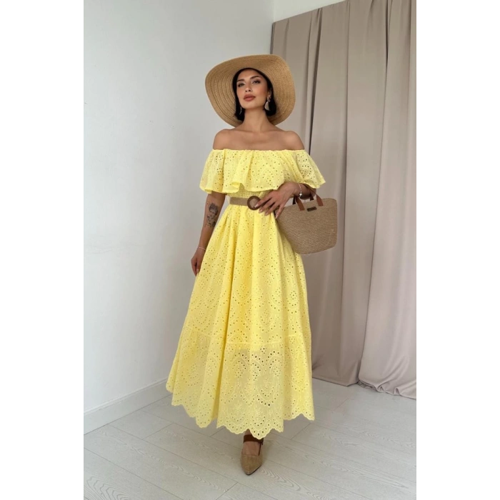Sarı Omzu Lastikli Brode Elbise