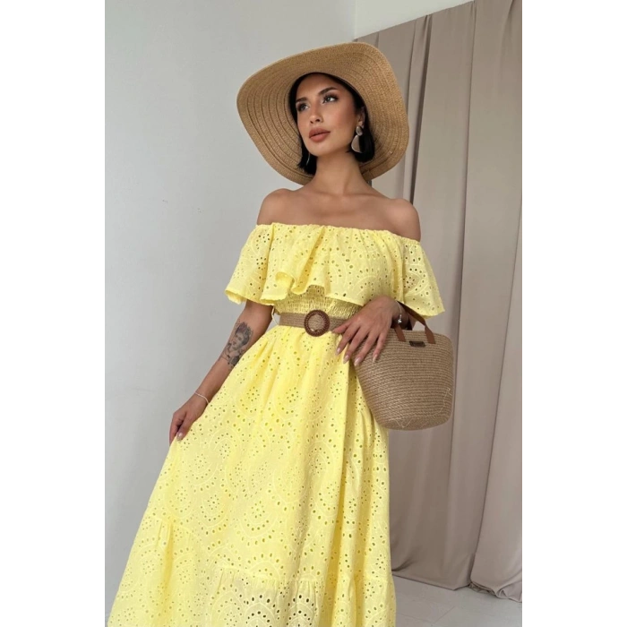 Sarı Omzu Lastikli Brode Elbise