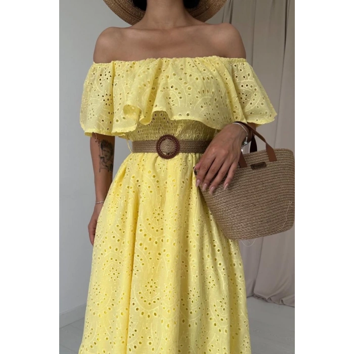 Sarı Omzu Lastikli Brode Elbise