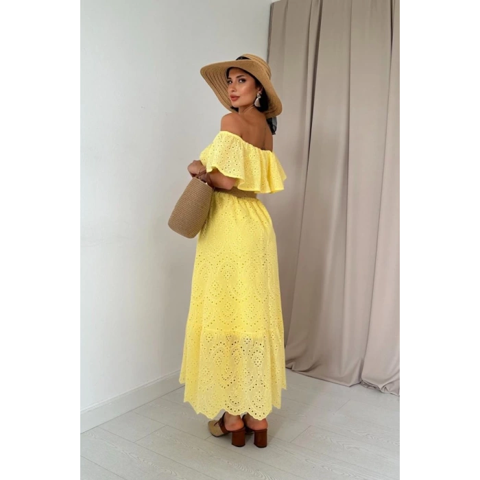 Sarı Omzu Lastikli Brode Elbise