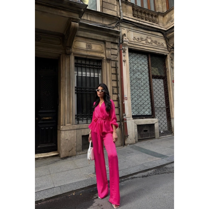 SATEN KRUVAZE BAĞLAMALI BLUZ- PANTOLON TAKIM - Fuşya