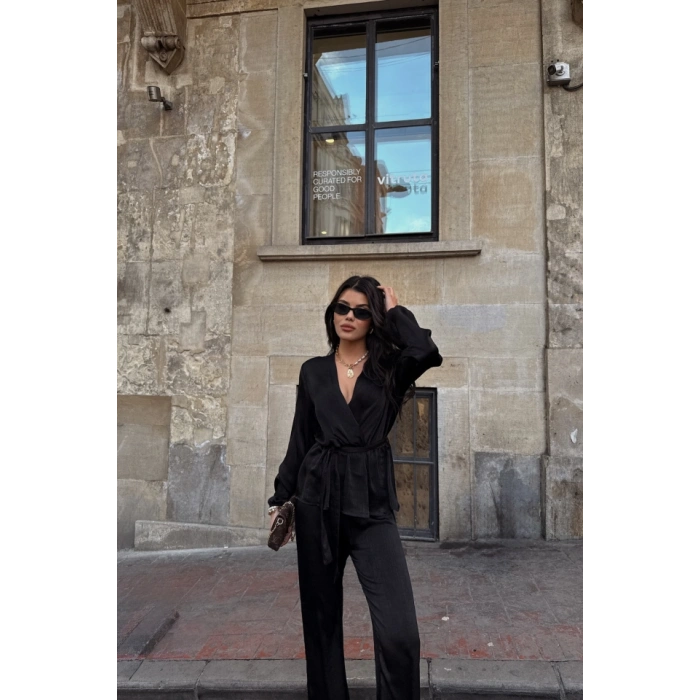 SATEN KRUVAZE BAĞLAMALI BLUZ- PANTOLON TAKIM - Siyah