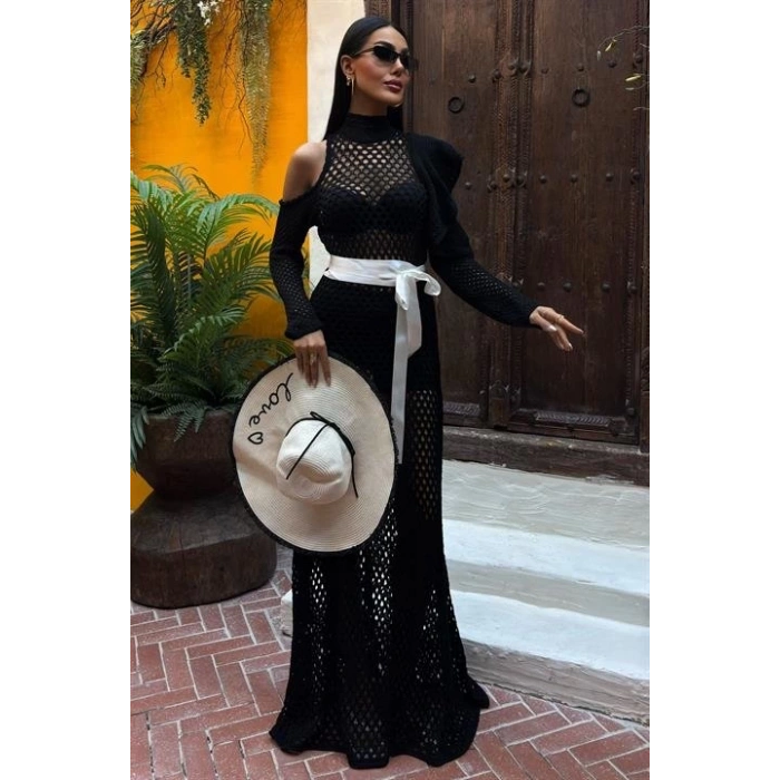 Saten Kuşaklı Ajurlu Triko Elbise 2847