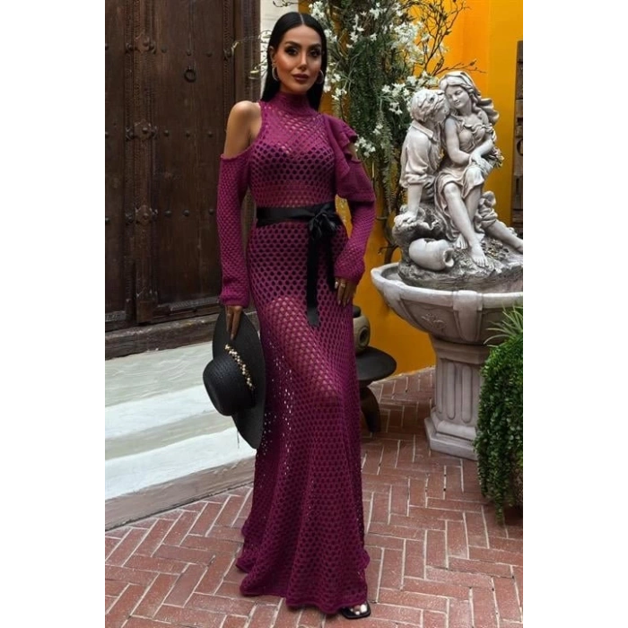 Saten Kuşaklı Ajurlu Triko Elbise 2847