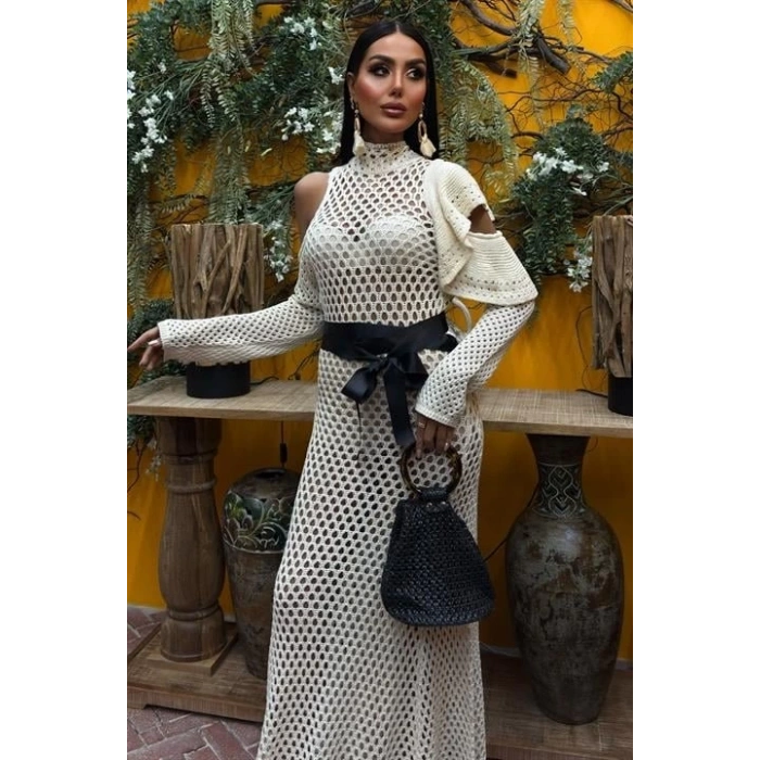 Saten Kuşaklı Ajurlu Triko Elbise 2847