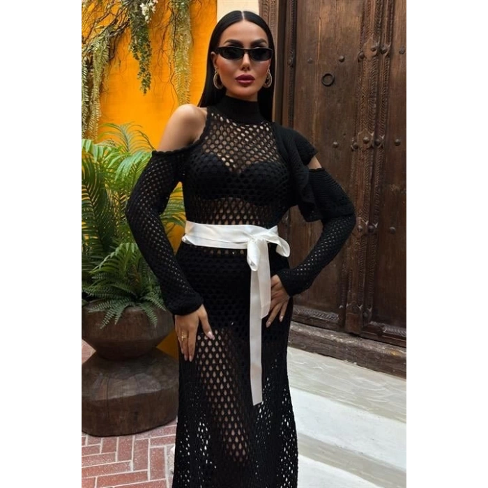 Saten Kuşaklı Ajurlu Triko Elbise 2847