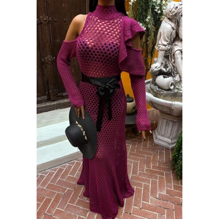 Saten Kuşaklı Ajurlu Triko Elbise 2847