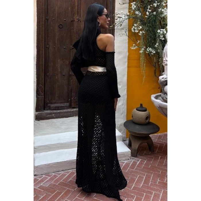 Saten Kuşaklı Ajurlu Triko Elbise 2847