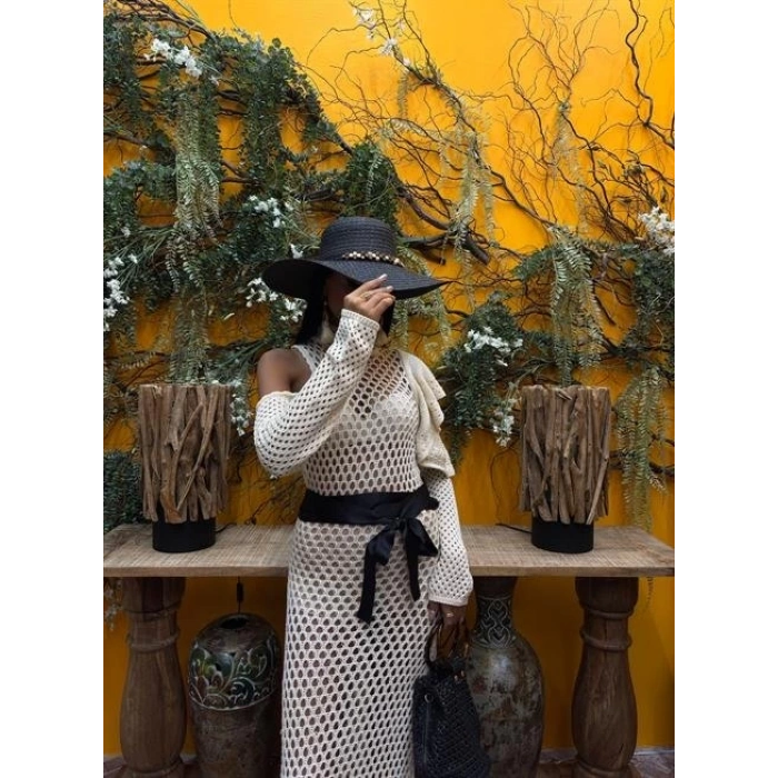 Saten Kuşaklı Ajurlu Triko Elbise 2847