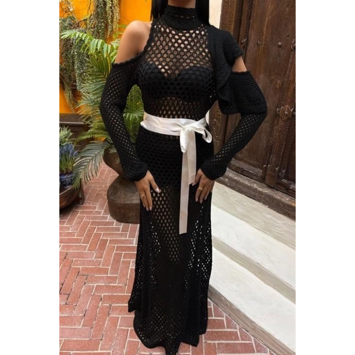 Saten Kuşaklı Ajurlu Triko Elbise 2847