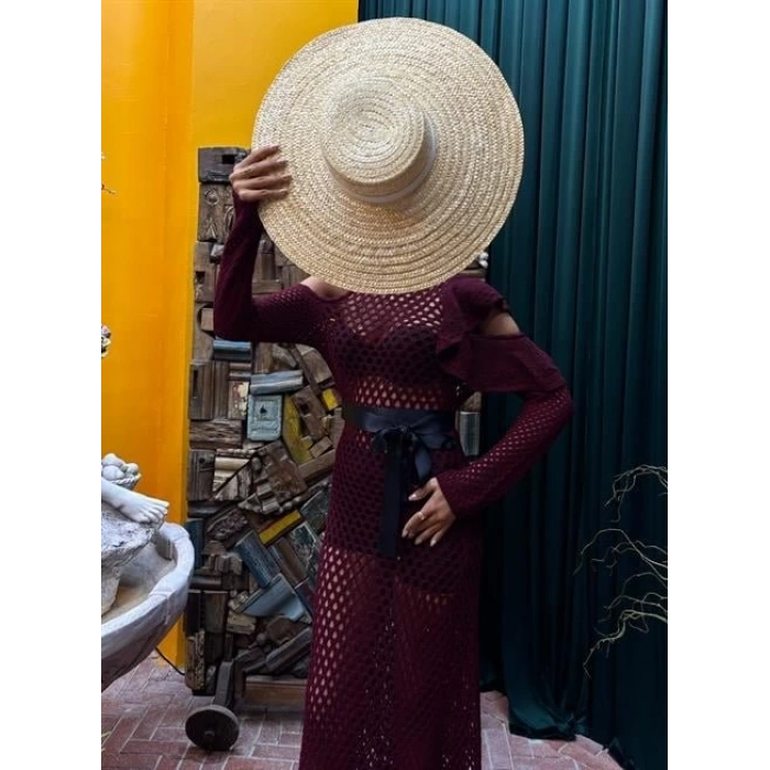 Saten Kuşaklı Ajurlu Triko Elbise 2847