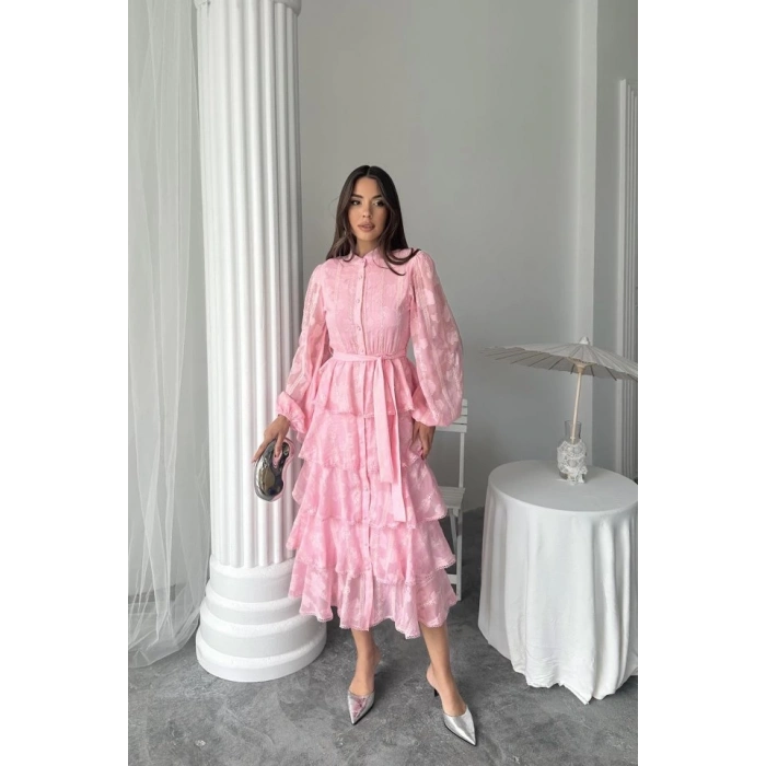 Şeker Pembesi Uzun Volanlı Elbise