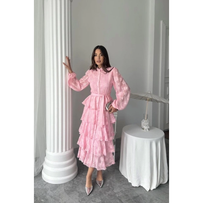 Şeker Pembesi Uzun Volanlı Elbise