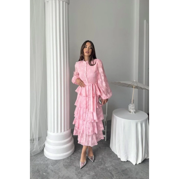 Şeker Pembesi Uzun Volanlı Elbise