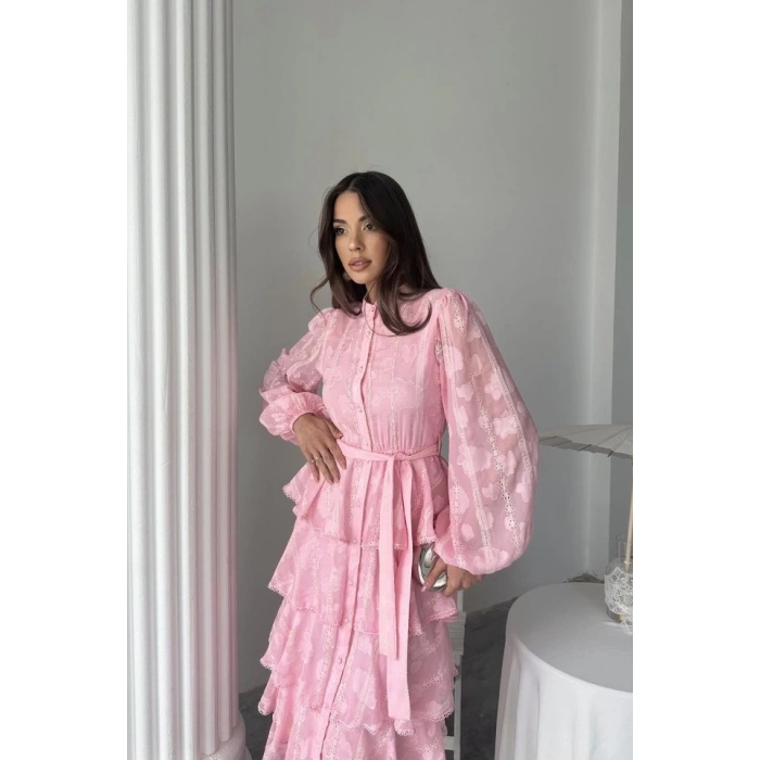 Şeker Pembesi Uzun Volanlı Elbise