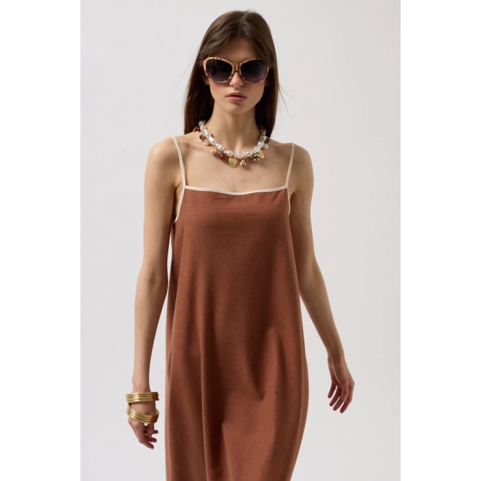 Şerit Detay Keten Maxi Elbise